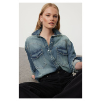 Trendyol Dark Blue Faded Effect Vintage Denim Shirt