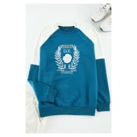 Trendyol Navy Blue Oversize/Wide Cut Raglan Sleeve Color Block Printed Cotton Sweatshirt