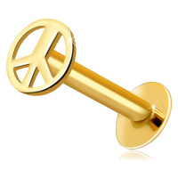 Zlatý 14K piercing do rtu a brady - kulatý symbol míru, lesklý povrch