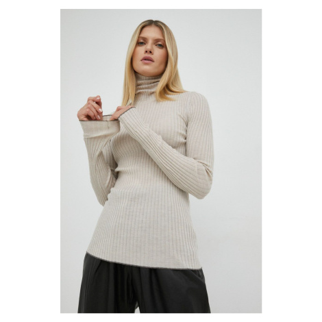Vlněný svetr By Malene Birger Reyne dámský, béžová barva, lehký, s golfem