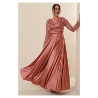 By Saygı Plus Size Long Satin Evening Dress with Tulle Shimmer Detailed Front Pleats on the slee