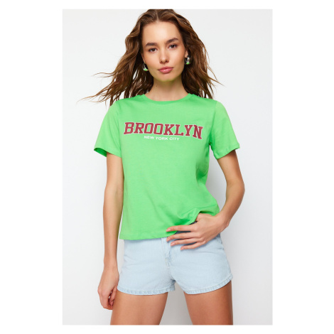 Trendyol Green 100 Cotton Slogan Printed Regular/Regular Fit Knitted T-Shirt