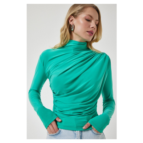 Happiness İstanbul Women's Light Green Gathered Detailed High Neck Sandy Blouse