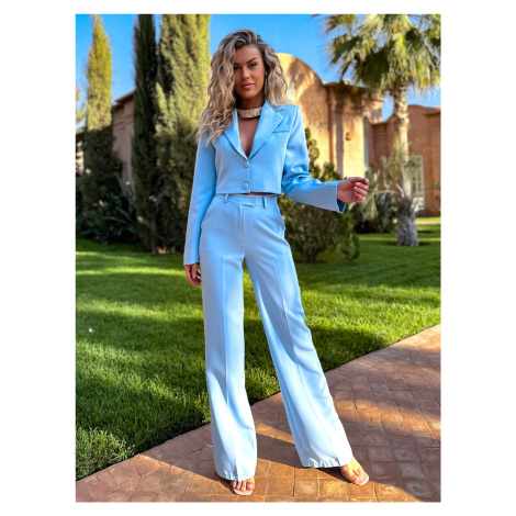 Modré basic elegantní kalhoty ROUFUD s puky