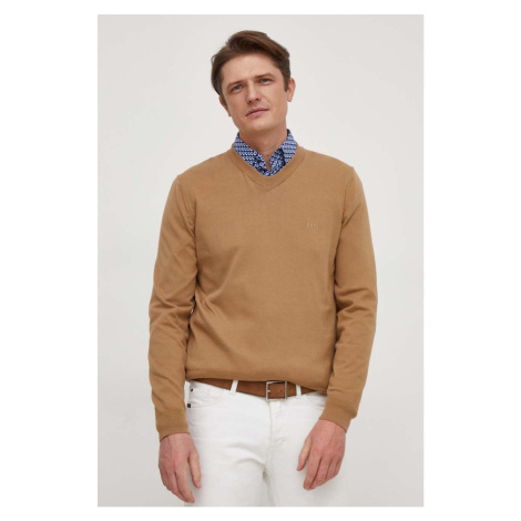 Bavlněný svetr BOSS béžová barva, lehký Hugo Boss