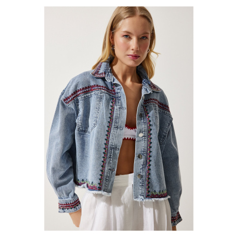 Happiness İstanbul Women's Light Blue Embroidered Denim Jacket