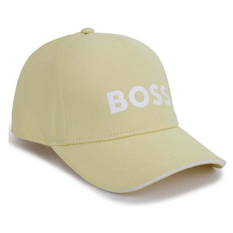 Dětská bavlněná čepice BOSS žlutá barva, s aplikací Hugo Boss