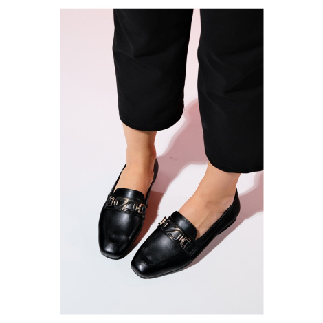 LuviShoes PECOS Women's Black Skin Buckle Loafer Shoes