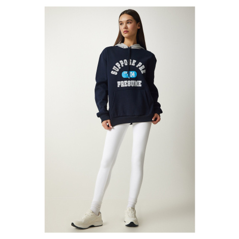 Happiness İstanbul Women's Navy Blue Hooded Rayon Printed Sweatshirt