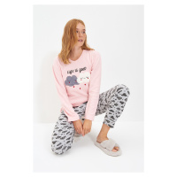 Trendyol lososová bavlněná vyšívaná tričko-jogger pletená pyžama sada