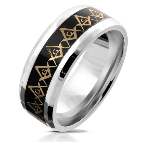 Ocelový prsten - symbol svobodných zednářů ve zlaté barvě, průsvitná glazura, 8 mm Šperky eshop