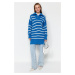 Trendyol modrý pruhovaný límec na zip pletený svetr
