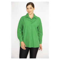Şans Women's Large Size Green Shirt with Buttons and Long Sleeves, Green