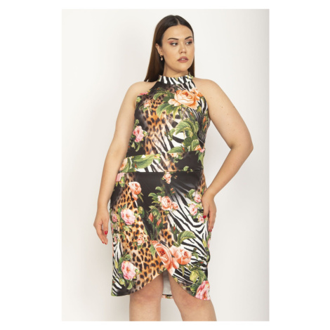 Şans Women's Large Size Colorful Halter Collar Skirt Closed Wrap Floral Print Dress