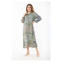 Şans Women's Plus Size Colorful Woven Viscose Fabric Front Buttoned Dress