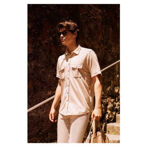 ALTINYILDIZ CLASSICS Men's Beige Slim Fit Slim Fit Hidden Button Collar Cotton Short Sleeve Shir AC&Co / Altınyıldız Classics