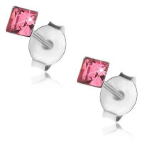 Puzetové náušnice, stříbro 925, čtvercový krystalek v růžovém odstínu, 3 mm