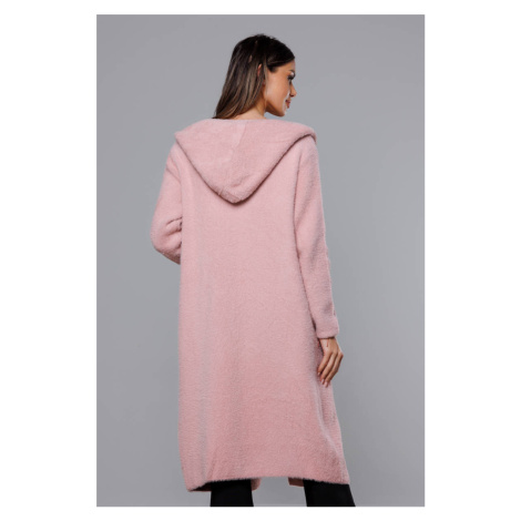 Dlouhý vlněný přehoz přes oblečení typu alpaka v bledě růžové barvě s kapucí (M105-1) Made in Italy