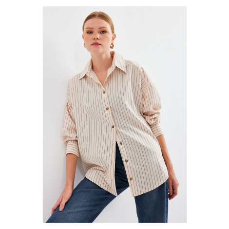 Bigdart 20208 Striped Oversize Long Basic Shirt - Cream