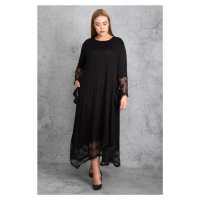 Şans Women's Plus Size Black Lace Detailed Viscose Long Sleeve Dress