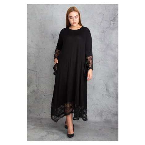 Černé krajkové detaily viskózové šaty s dlouhým rukávem pro ženy plus size od značky Şans