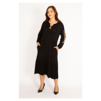 Şans Women's Plus Size Black Embroidery And Pocket Detailed A Layered Long Sleeve Dress With A S