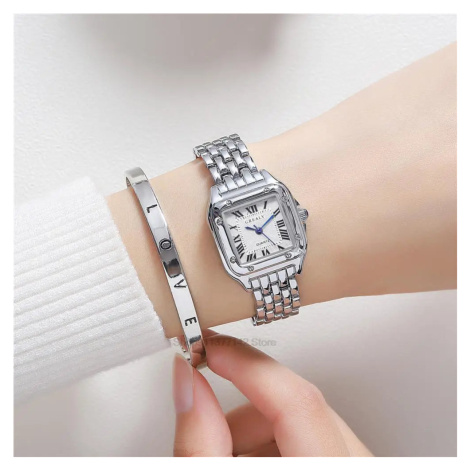 Dámské elegantní hodinky – čtvercové pouzdro, kovový pásek