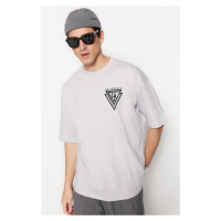 Trendyol šedé oversize/široké městské tričko s potiskem, 100% bavlna, krátký rukáv