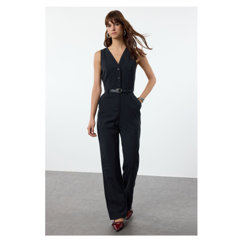 Trendyol Navy Blue Belted Striped Front Button Detail Long Jumpsuit