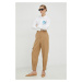 Vlněné kalhoty BOSS dámské, béžová barva, jednoduché, high waist