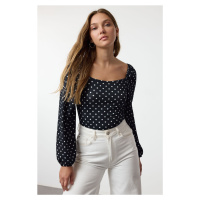 Trendyol Navy Blue Polka Dot Fitted Square Neck Wrap/Textured Knitted Blouse