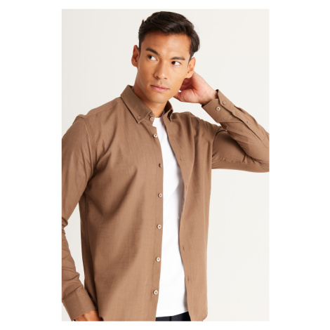 AC&Co / Altınyıldız Classics Men's Brown Tailored Slim Fit Buttoned Collar Linen Look 100% Cotto