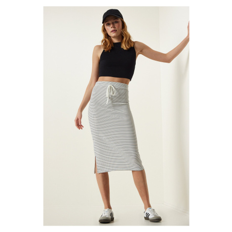Happiness İstanbul Women's White Striped Slit Wrap Knitted Skirt