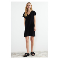 Trendyol Black Crepe/Textured V-Neck Shift/Straight Knitted Mini Dress
