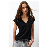 Trendyol Black Viscose/Soft Fabric Fitted/Situated Moon Sleeve V Neck Stretch Knitted Blouse