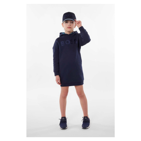 Dívčí šaty BOSS tmavomodrá barva, mini Hugo Boss
