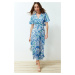 Trendyol Blue Floral Double Breasted Viscose Midi Woven Dress