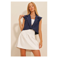 Trend Alaçatı Stili Women's Navy Blue Shirt Collar Filet Striped Blouse