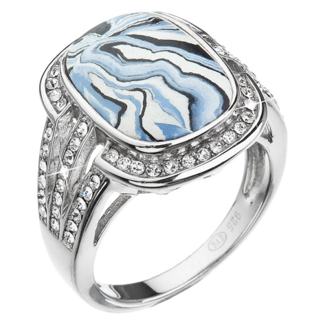 Evolution Group Stříbrný prsten obdélník modrobílý mramor se Swarovski krystaly 75015.1