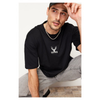 Trendyol Black Oversize Deer Embroidered 100% Cotton T-Shirt