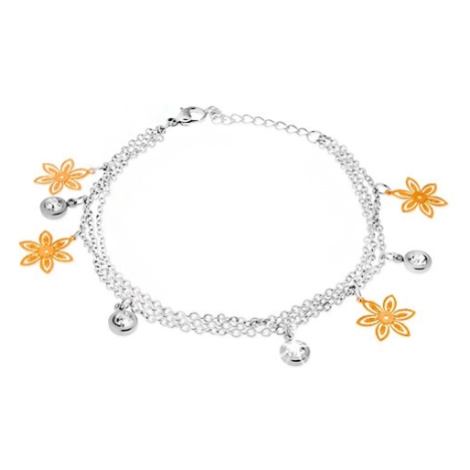 Náramek na ruku - tři řetízky, květy zlaté barvy, kruhové objímky s kamínky Šperky eshop