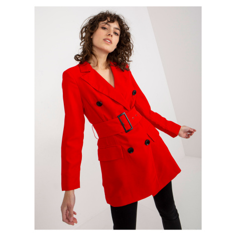 Dámský červený dvouřadý kabát s páskem --red Červená BASIC