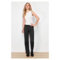 Trendyol Black Straight Cut High Waist Ribbed Stitched Woven Trousers