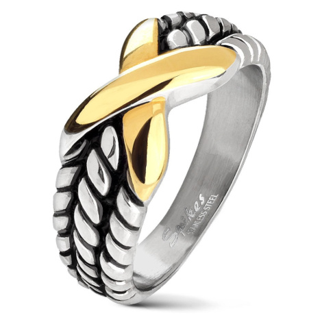Ocelový prsten stříbrné barvy, zářezy na ramenech, X zlaté barvy Šperky eshop