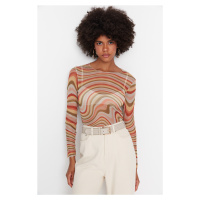 Trendyol Multi-colored Printed Crew Neck Long Sleeve Fitted/Situated Elastic Tulle Knitted Blous