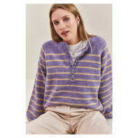 Bianco Lucci Women's Button-down Collar Turtleneck Striped Knitwear Sweater