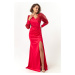 Lafaba Women's Red Double Breasted Collar Glittery Long Satin Evening Dress.