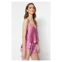 Trendyol Pink Lace Detailed Rope Strap Satin Woven Pajama Set