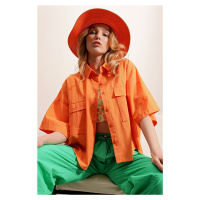 Trend Alaçatı Stili Women's Orange Double Pocket Half Sleeve Linen Shirt