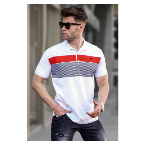 Madmext White Striped Polo Neck Men's T-Shirt 5864